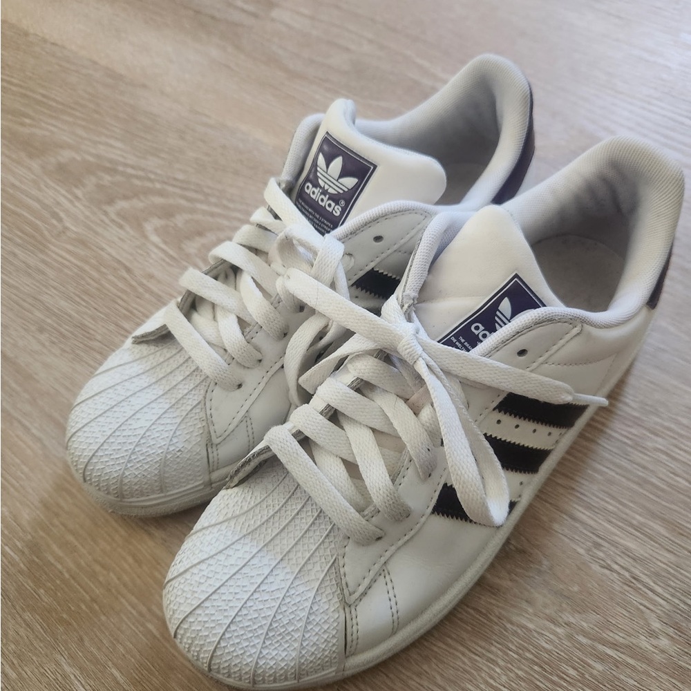Adidas Classic White and Purple Shell Toe Sneakers